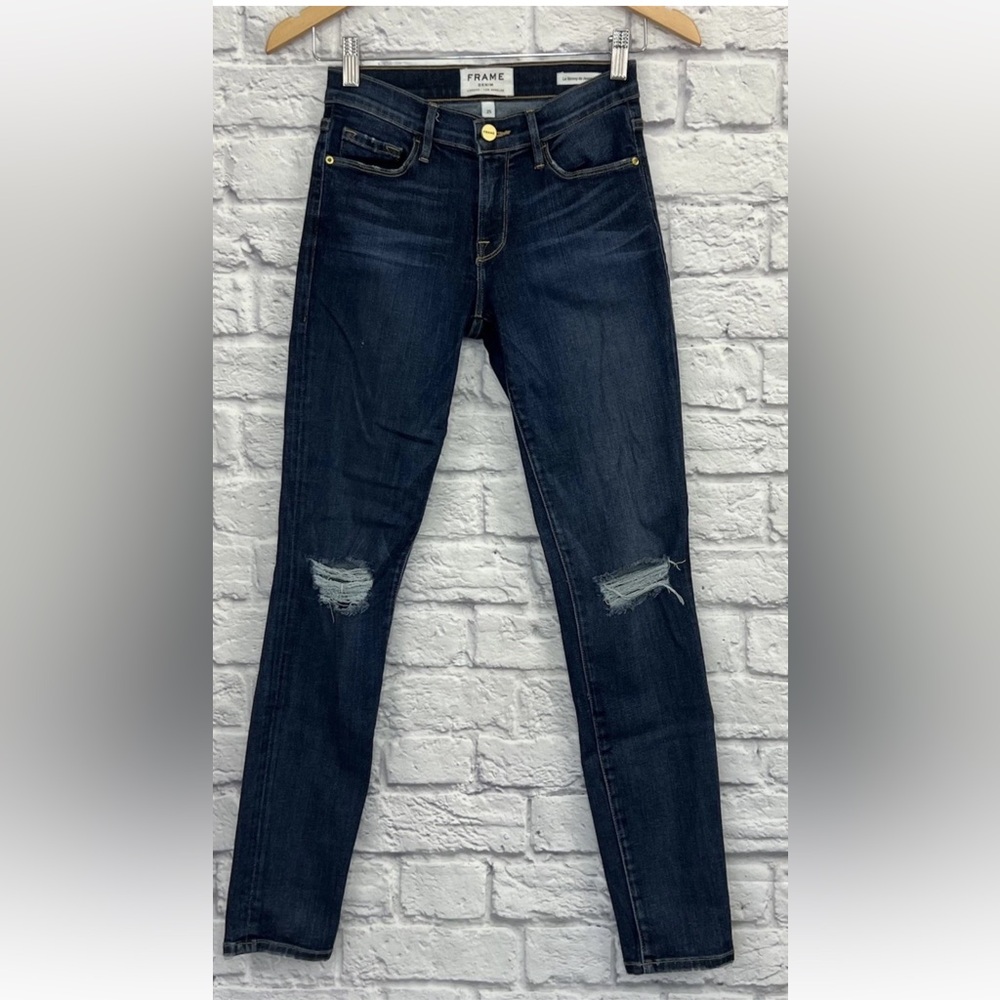 FRAME DENIM DISTRESSED DARK WASH LE SKINNY DE JEANNE BLUE JEANS SIZE 25